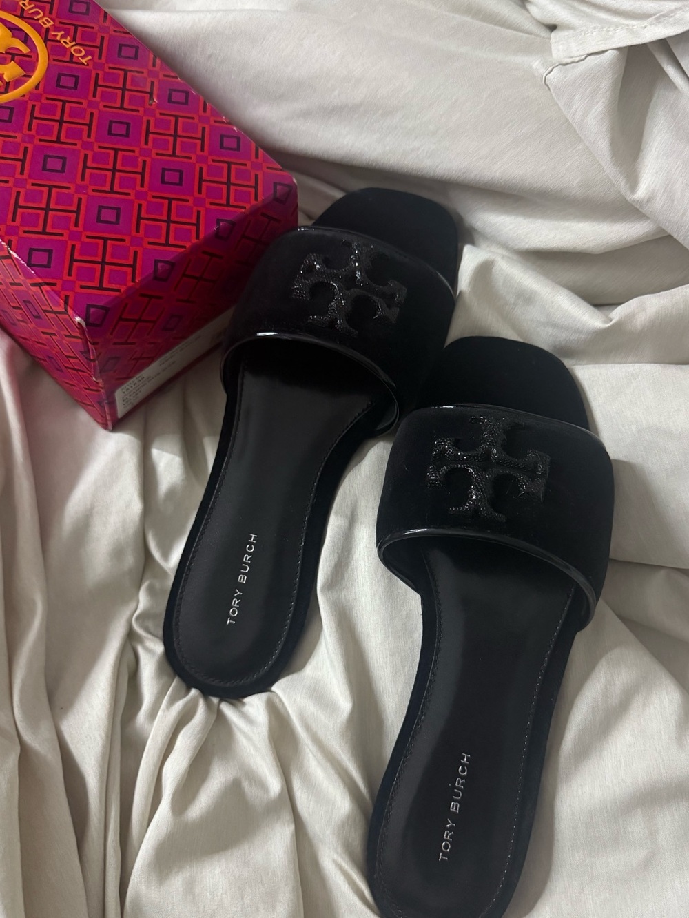 Tory Burch Black Velvet Slide Sandals with Logo Strap